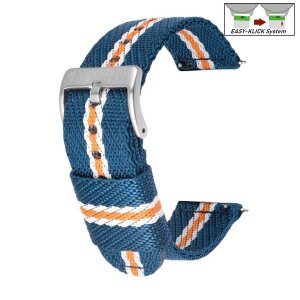 Easy-Klick Canvas-Nylon Textil Uhrenarmband Modell Punch blau-weiß-orange 22 mm