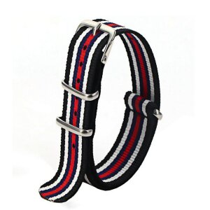 Nato-Nylon Durchzugs-Uhrenarmband Modell Textec schwarz-weiß-blau-rot 20 mm Nato Strap