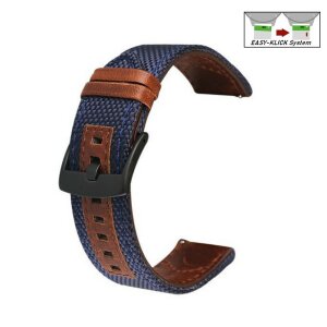 Canvas-Nylon-Leder Textil Uhrenarmband Modell Alabama blau-braun 24 mm