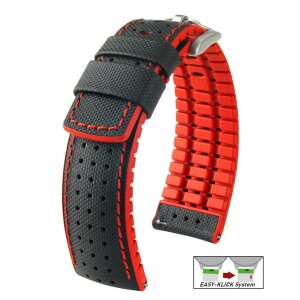 Hirsch Hybrid Silikon-Leder Uhrenarmband Modell Robby schwarz-rot 20 mm