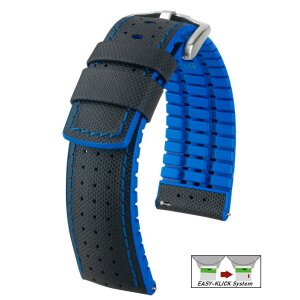 Hirsch Hybrid Silikon-Leder Uhrenarmband Modell Robby schwarz-blau 22 mm