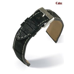 Eulux echt Kaiman-Leder Uhrenarmband Modell Kaiman-Nubuk schwarz 22 mm, Handarbeit