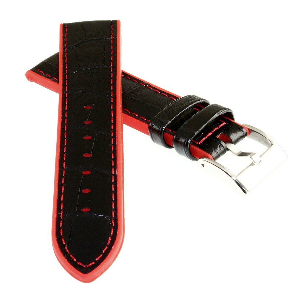 Hybrid Silikon-Leder Uhrenarmband Modell Hyper-Kroko schwarz-rot 20 m